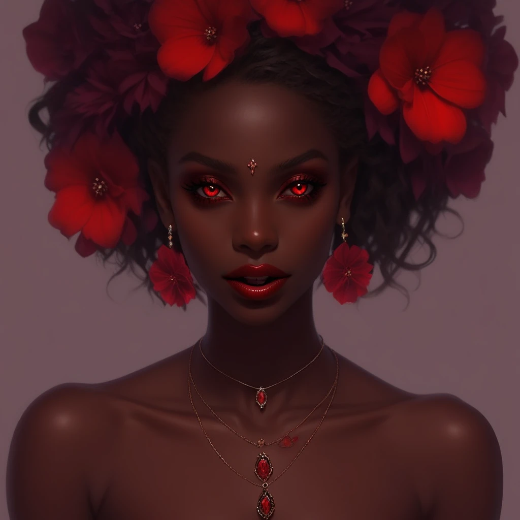 Hellaine Style, 1girl, solo, red eyes, jewelry, flower, earrings, dark skin, necklace, dark-skinned female, lips, portrait, very dark skin