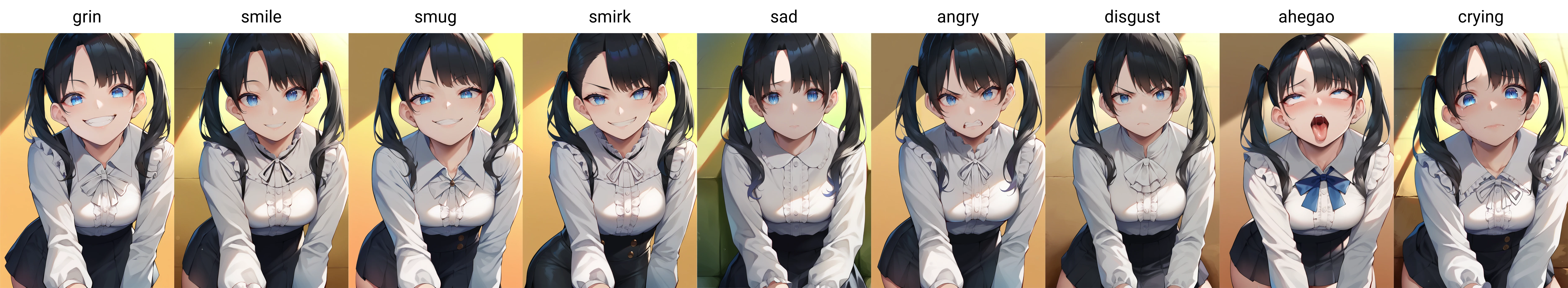 score_9, score_8_up, score_7_up, source_anime, 1girl,blue eyes,twintails, black hair, white blouse,  black skirt, grin,looking at viewer, from front, <lora:Oekakizuki-Style-PonyXL-v1:1>