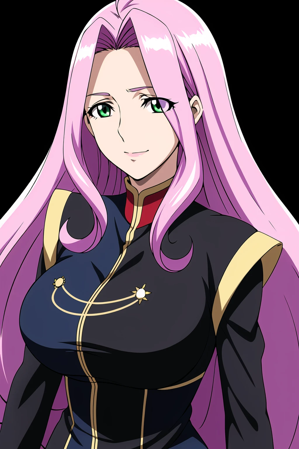 Simple White Background,
dynamic pose,standing at attention,
Black uniform,military, military uniform, long sleeves, 
<lora:Ersha_CROSSANGE-KK77-V1:0.7>,
Green eyes, pink hair,bangs,very Long hair,
<lora:Oda_Non_Style-KK77-V2:0.3>,<lora:more_details:0.1>,
1 girl, 20yo,Young female,Beautiful long legs,Beautiful body,
Beautiful Nose,Beautiful character design, perfect eyes, perfect face,expressive eyes,perfect balance,
looking at viewer,(Focus on her face),closed mouth, (innocent_big_eyes:1.0),(Light_Smile:0.3),
official art,extremely detailed CG unity 8k wallpaper, perfect lighting,Colorful, Bright_Front_face_Lighting,White skin,
(masterpiece:1.0),(best_quality:1.0), ultra high res,4K,ultra-detailed,
photography, 8K, HDR, highres, absurdres:1.2, Kodak portra 400, film grain, blurry background, bokeh:1.2, lens flare, (vibrant_color:1.2),professional photograph,
(Beautiful,large_Breasts:1.4), (beautiful_face:1.5),(narrow_waist),