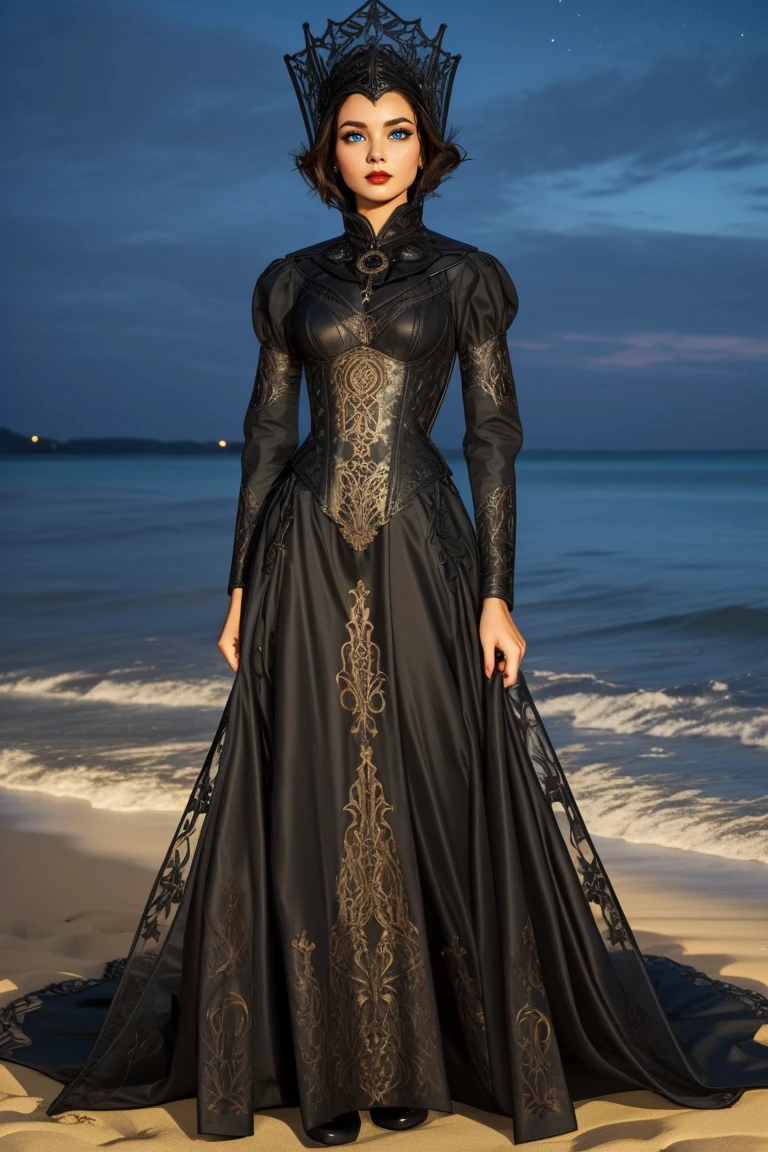 full body, woman, brown hair, HUD_Evl_Qn, makeup, lipstick, long black dress, headdress, high collar, neckpiece, laser cut, intricate carved corset, long sleeves, boots, <lora:Fairy_Tale_Dress_2__evil_queen-000008:0.65>, beach background at night