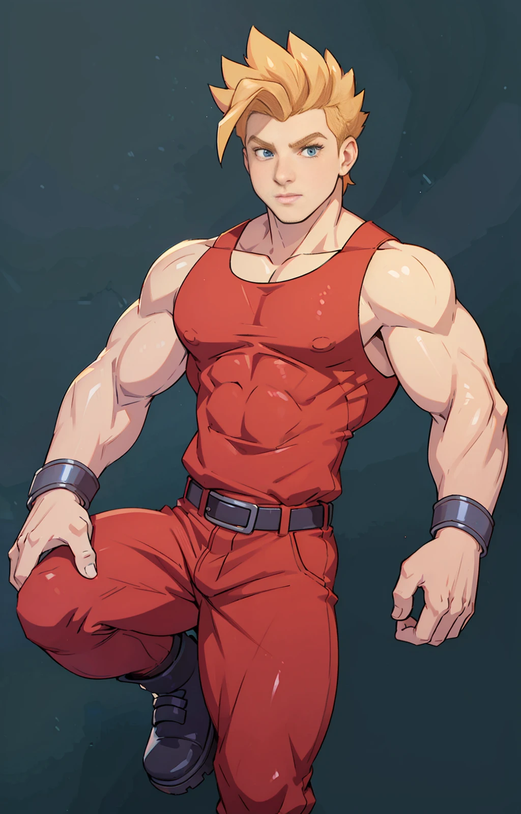 ((best quality)), ((masterpiece)), ((realistic)), (detailed)
<lora:Jacky_Bryant:1>
jackyb,
1boy,
solo,
male focus,
blonde hair,
spiked hair,
uncomb hair,
silver wristbands,
belt,
black boots,
fringe,
blue eyes,
(red top tank,)
red fitted sleeveless shirt,
red fitted pants,