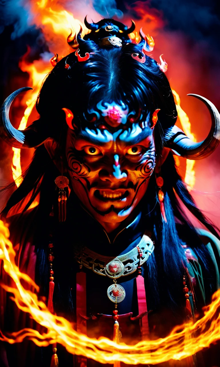cinematic photo Chinese horror theme,traditional Chinese demon portrait, fiery halo, ram's horns, swirling long hair, intense gaze, mystical aura, stylized watercolor flames, vibrant folklore imagery, vivid expression, ancient regalia, embodiment of power.<lora:Horror_ghost:1>, . 35mm photograph, film, bokeh, professional, 4k, highly detailed