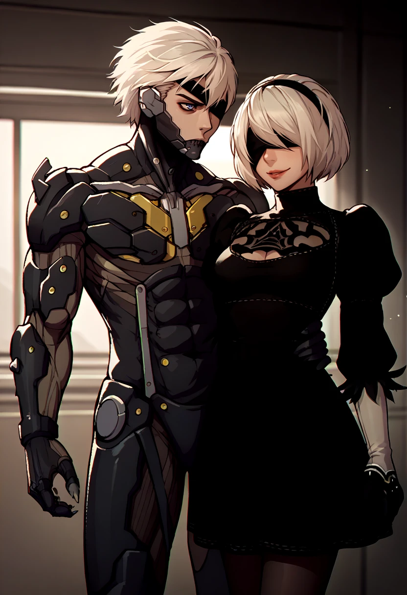 score_9, score_8_up, score_7_up, source_anime, standing, indoors, cowboy shot, looking at another,
BREAK 1boy, RaidenMGRDef, <lora:RaidenMGR_XLPD-000006:1>, cyborg, bodysuit, eyepatch, expressionless,
BREAK 2b \(nier:automata\), nier:automata, 1girl, blindfold, black dress, seductive smile,