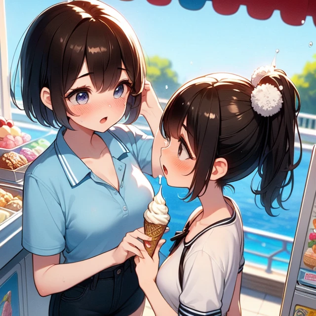 (((masterpiece))), (((best quality))), (((from above))), ((from side)), ((ice cream machine)), ((collared shirt clerk holding a ice cream cone with watering)), ((2girls looking at another)), (dripping), (splash), (baseball cap), tied shirt, denim shorts, parted lips, drooling, sweat, ocean park,solo, 1girl, cleavage, big tits, ribbon, brown hair, ponytail, short hair, shy, blush, slim figure, <lora:girllikeicecreammachine:1>