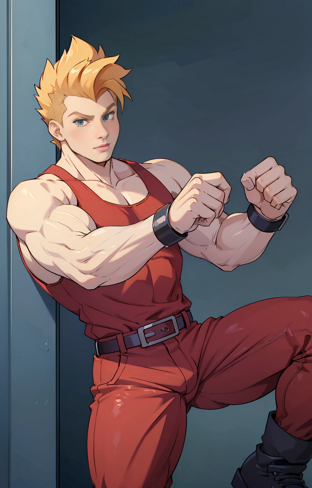 ((best quality)), ((masterpiece)), ((realistic)), (detailed)
<lora:Jacky_Bryant:1>
jackyb,
1boy,
solo,
male focus,
blonde hair,
spiked hair,
uncomb hair,
silver wristbands,
belt,
black boots,
fringe,
blue eyes,
(red top tank,)
red fitted sleeveless shirt,
red fitted pants,