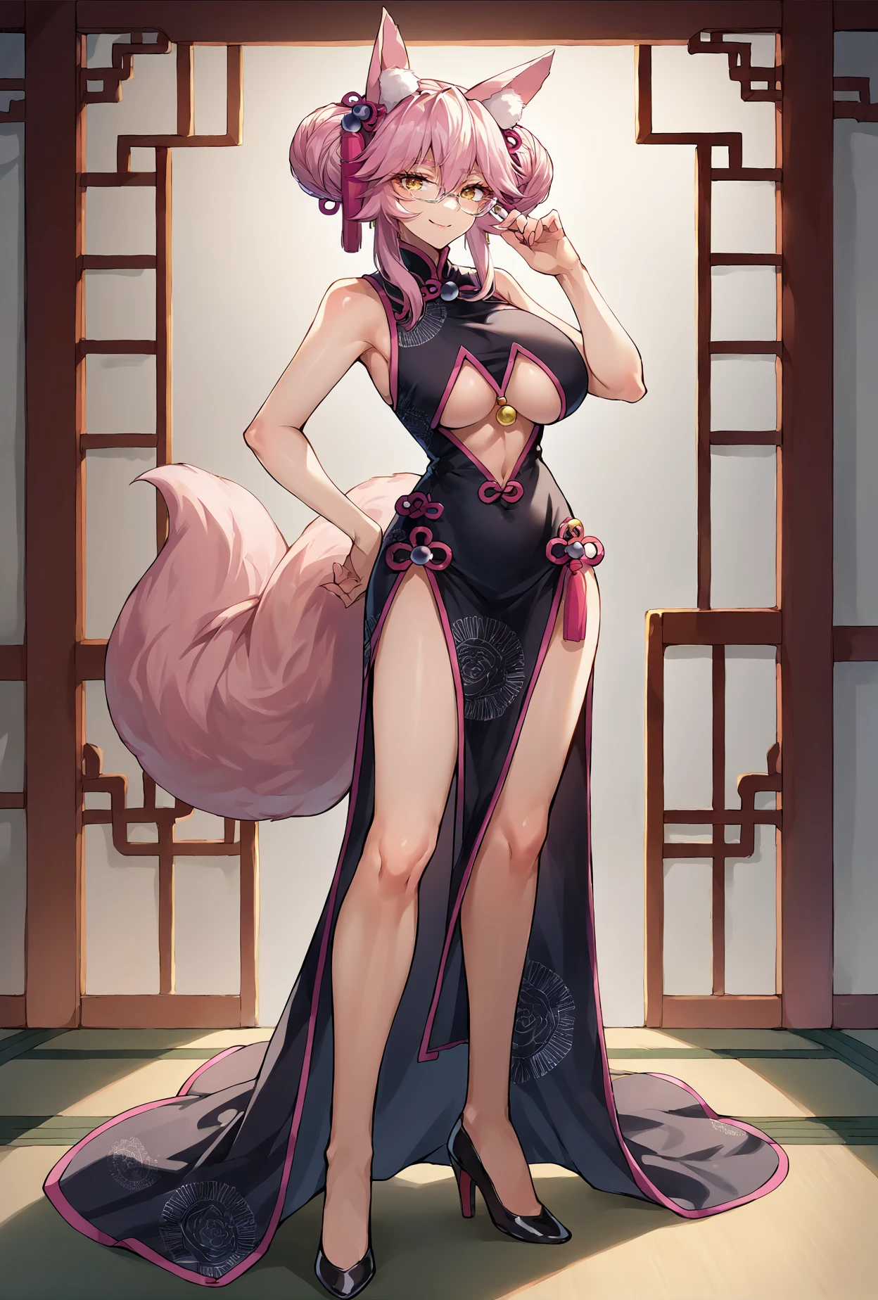 score_9, score_8_up, score_7_up, score_6_up, source_anime, koyanmixpdxl, 1girl, solo, <lora:Koyanskaya_PDXL:0.9>, koyachina, glasses, double bun, pink hair, yellow eyes, pink fox ears, pink fox tail, animal ears, fox girl, chinese dress, china dress, underboob, center opening, black dress, pink trim, hair ties, large breasts, mature female, long skirt, side slits, stiletto heels, fullbody, contrapposto