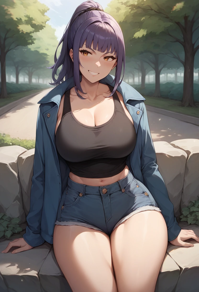score_9, score_8_up, score_7_up, source_anime, 1girl, solo, park, amber eyes, violet hair, blue jacket, open jacket, black tank top, jean shorts, seated, on a rock, cowboy shot, grin, blush, big breasts, wide hips, thick thighs, blunt bangs, ponytail, <lora:Akita-Hika-PonyXL-000020:1>
