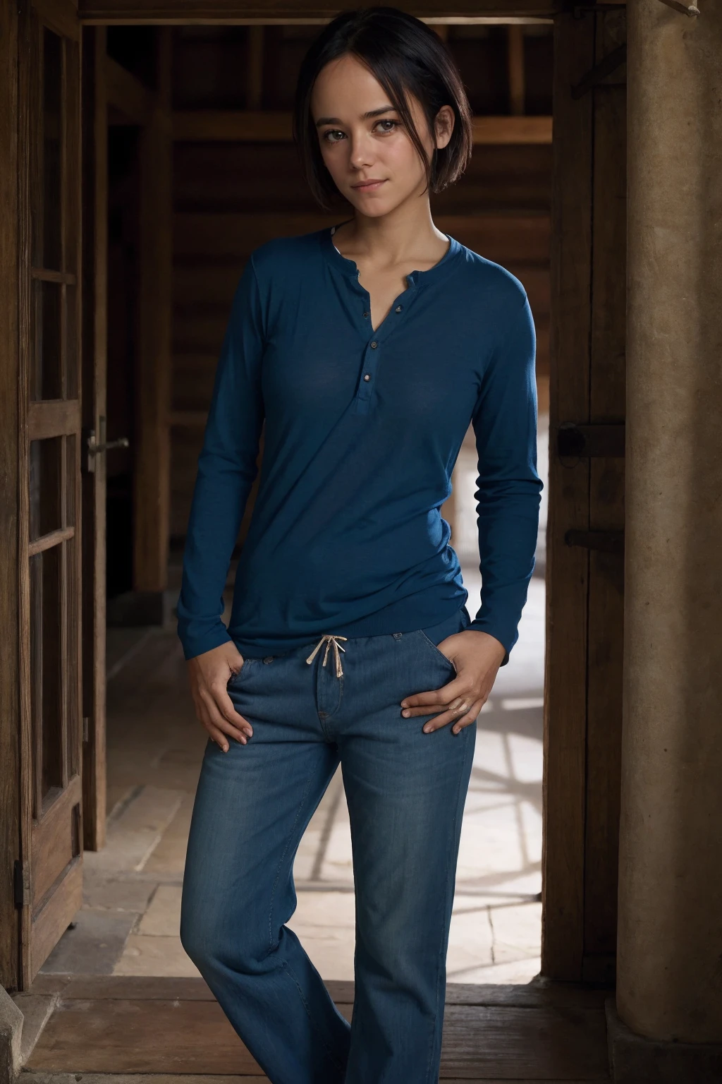 alizee <lora:alizee:0.8>, ,a woman wearing Henley shirt and utility pants, small village, (low key lighting:0.5)