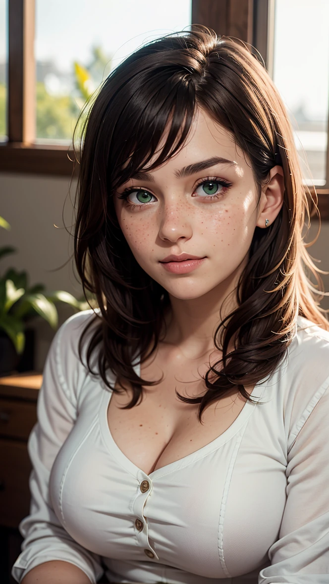 high quality, upper body, a beautiful 24 year old woman, with top, big busty, ref_haired, slight smile, detailed face and eyes, natural lighting, at home, low contrast, natural face, freckles, green eyes, 8k,4k, vertical,