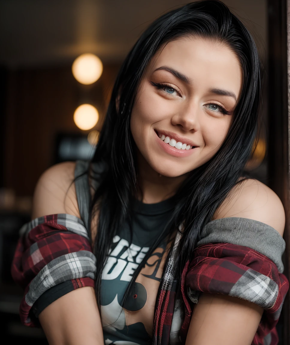 cinematic photo <lora:quiron_richellynaQuiron_v1_Lora:0.87> richellynaQuiron, 1girl, smile, . 35mm photograph, film, bokeh, professional, 4k, highly detailed sporting a grunge look. '90s influence, flannel, band tees, distressed