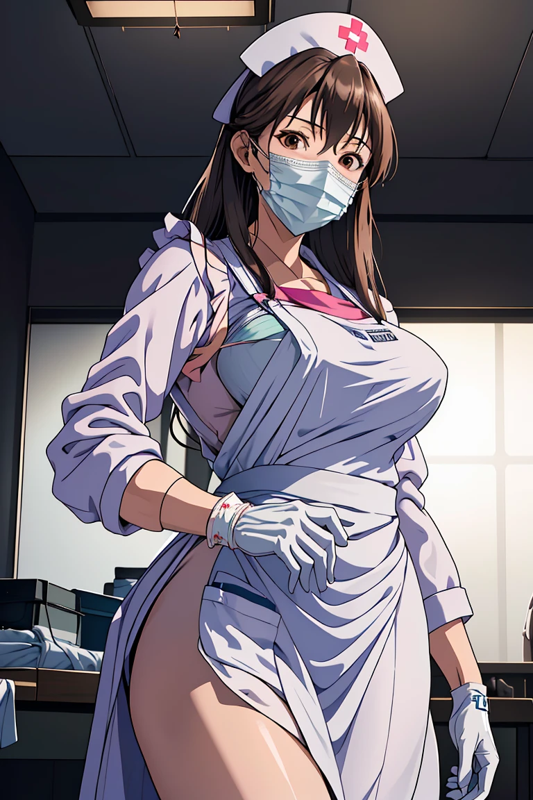 (RAW photo, best quality), 1girl, operating room, overhead surgical light,blurred background, focused,
 <lora:Sayaka Mizukoshi_GT_V1.0-000006:0.8> sayaka mizukoshi,brown_hair,long_hair,brown_eyes,
 <lora:Long Apron Nurse Frilled v2:0.6> (nurse_long_apron, apron, mask, nurse cap, surgical mask, nurse, long sleeves, latex gloves),