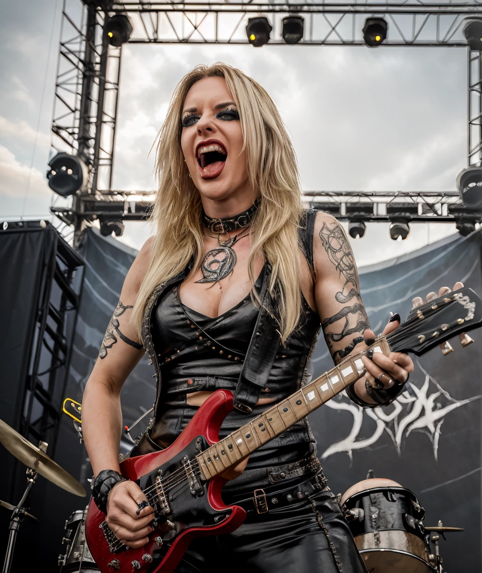 <lora:quiron_laura guldemond_v1_Lora:0.87> LauraGuldemondQuiron, at rock stage, rocking the rock style. Leather, band tees, edgy, black