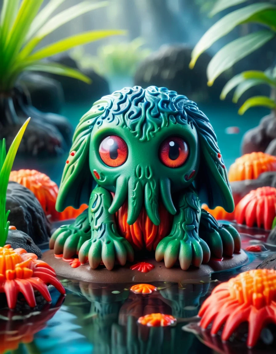 A cute colorful fluffy cthulhu, wildlife photography, in a ral-lava swamp, 4K UHD, 8K UHD, High-definition, capturing highest detailed, 4k, uhd, hdr <lora:ral-plymbl-sdxl:1> ral-plymbl