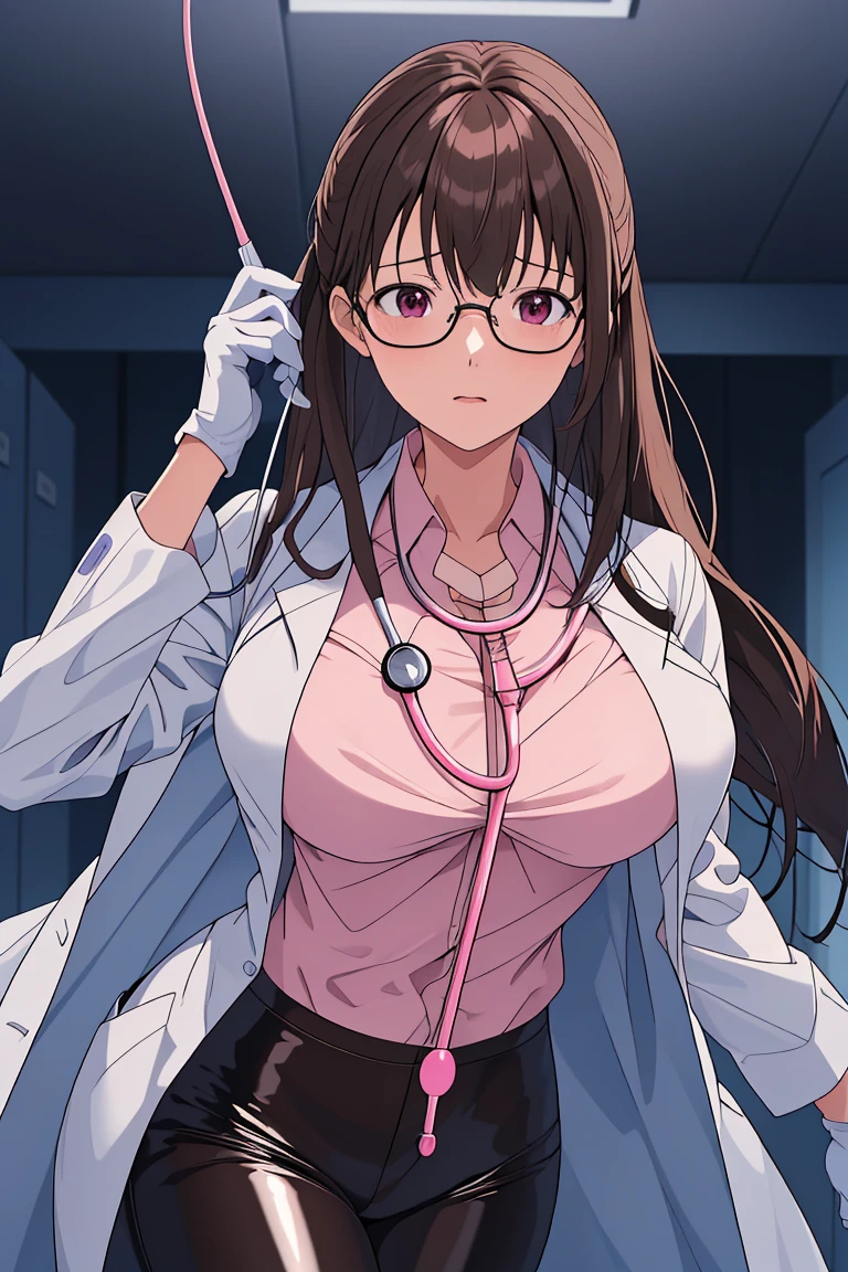 (RAW photo, best quality), 1girl, operating room, overhead surgical light,blurred background, focused,
 <lora:Sayaka Mizukoshi_GT_V1.0-000006:0.8> sayaka mizukoshi,brown_hair,long_hair,brown_eyes,
 <lora:brwn_doctor_uniform:0.8> bwn_doc_unif, blue gloves, pink shirt, labcoat, stethoscope,latex pants,