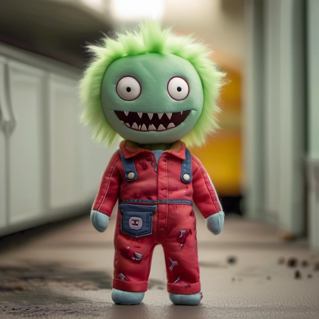 <lora:stuffed-toy_XL:1>,stuffed-toy, overalls, stitches, blurry background, horror \(theme\), blurry, solo, zombie, teeth, no humans, full body, standing, blood