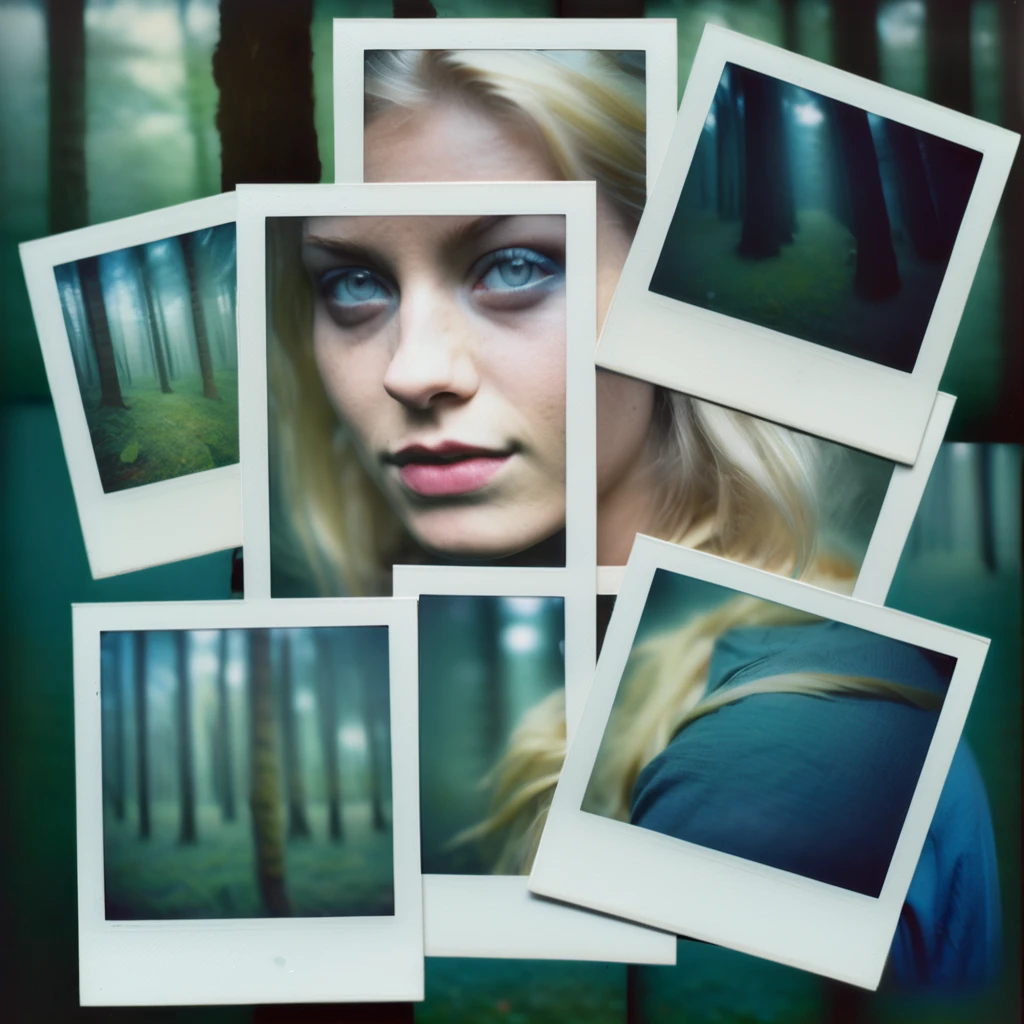 poluzzle close-up a beautiful blonde with blue eyes, expressive eyes, in the forest, polaroid photos on the table, cinematic, dark atmosphere <lora:poluzzle:1>