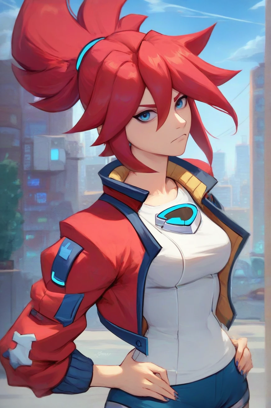 score_9, score_8_up, score_7_up, score_6_up, high quality, <lora:KorsicaXLPONY:1> korsica, korsica \(hi-fi rush\), 1girl, older, solo, blue eyes, red hair, spiky, ponytail, red eyebrows, red bangs, hair between eyes, upper body, red jacket, white shirt, breasts, blue shorts, leggings, standing, looking at viewer, frown, sunny day, city, detailed buildings,