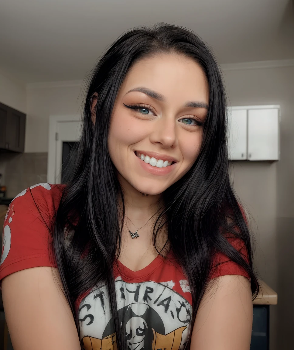 <lora:quiron_richellynaQuiron_v1_Lora:0.87> richellynaQuiron, 1girl, smile,  sporting a grunge look. '90s influence, flannel, band tees, distressed