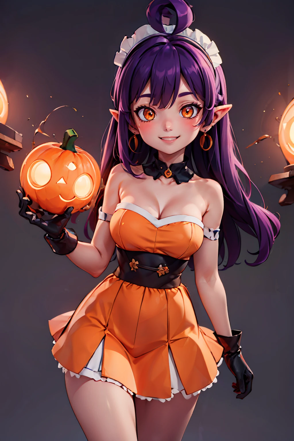 (masterpiece), <lora:Beautiful_CAT_v3:0.8>, best quality, high resolution, highly detailed, perfect lighting,  <lora:Stardust_Pumpkins_Citron_OC_Anime:0.8>, Stardust_Pumpkins_Citron_OC,  1girl, solo, long purple hair,  orange eyes, ahoge, pointy ears, orange dress, elbow gloves, bare shoulders, maid headdress, jewelry, earrings,  solo, smiling, looking at viewer, cowboy shot,   , ,