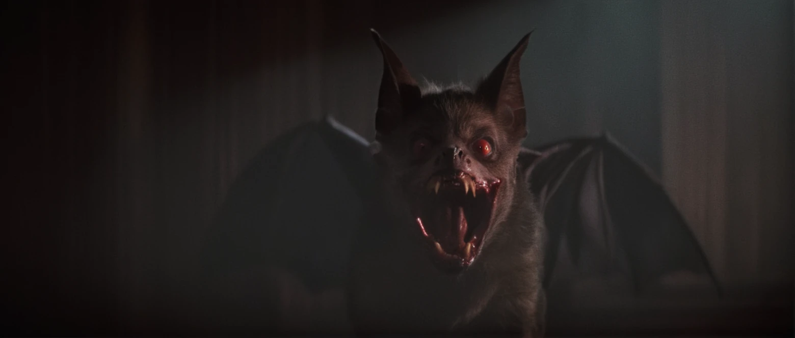 cinematic film still of  <lora:Fright Night 1985 style v2:1>
In the 1980's Creepy vampire bat creature monster with vampire bat teeth and vampire bat ears and vampire bat nose and vampire bat face and vampire bat wings a creepy looking creature with red eyes,solo,looking at viewer,open mouth,red eyes,1boy,male focus,teeth,brown background,realistic,horror (theme) , horror themed, dark themed, low key light, dramatic light, dramatic shadow light, contrast, cinematic color, cinematic look, filmic, realistic, realism, perfection, perfect, Kodak, Kodak film, movie still, Fright Night 1985 style, Fright Night Film style, shallow depth of field, vignette, highly detailed, high budget, bokeh, cinemascope, moody, epic, gorgeous, film grain, grainy