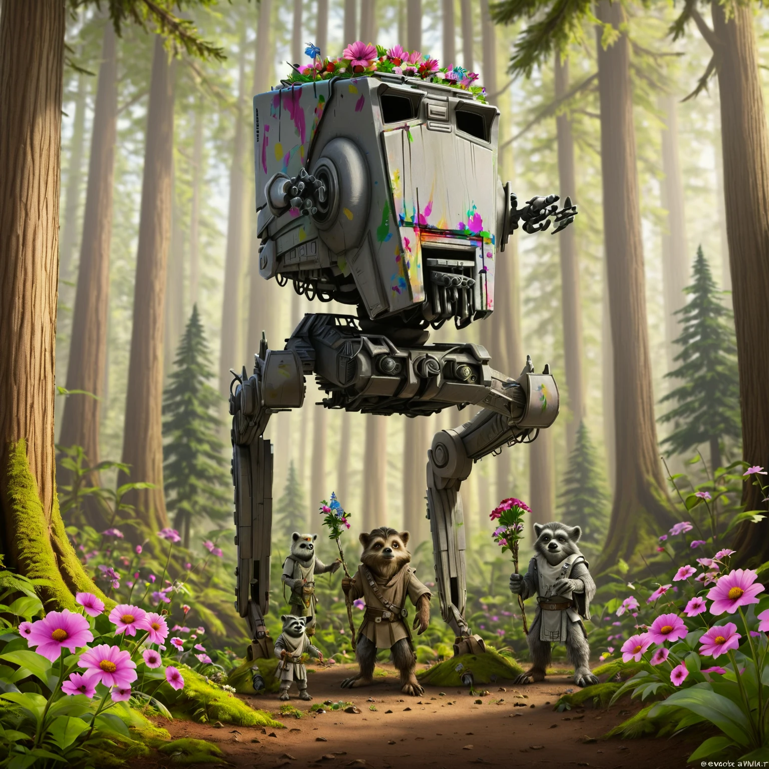 ewoks decorating a giant atstwlkr in the middle of a forest with paint and flowers