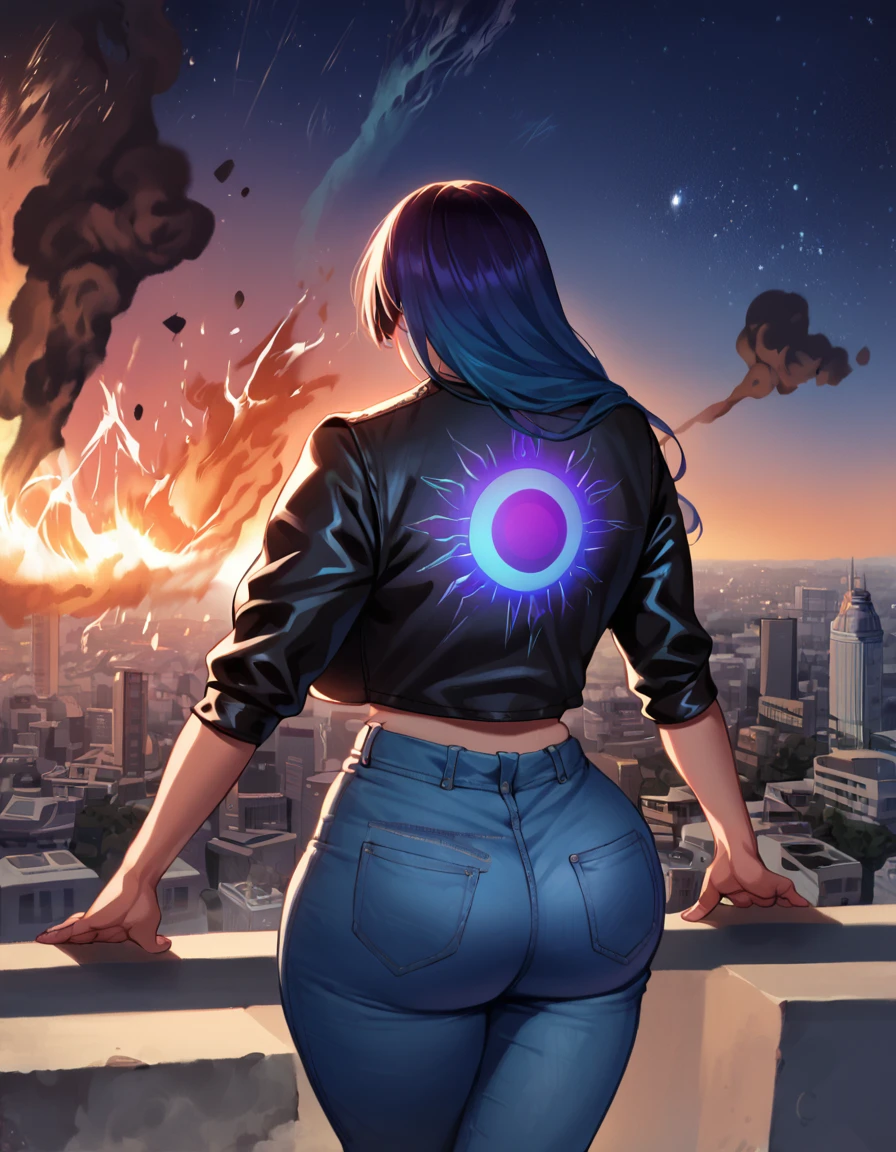 score_9, score_8_up, score_7_up, score_6_up, ,
science fiction, sci-fi, futuristic city, dark scene, volumetric lighting, back shot, from back, 1girl, solo, eclipsed sun in the background, solar eclipse, long hair, power pose, dark blue purple iridescent hair, leather jacket with rolled up sleeves, t-shirt under jacket, jeans, swirling cyan energy, night, thick, curvy, dying star in the background, destruction, smoke, fire, eyes radiate light, <lora:PulenKompot-Voluptuous-SDXL:1> voluptuous, thick thighs, huge breasts, wide hips