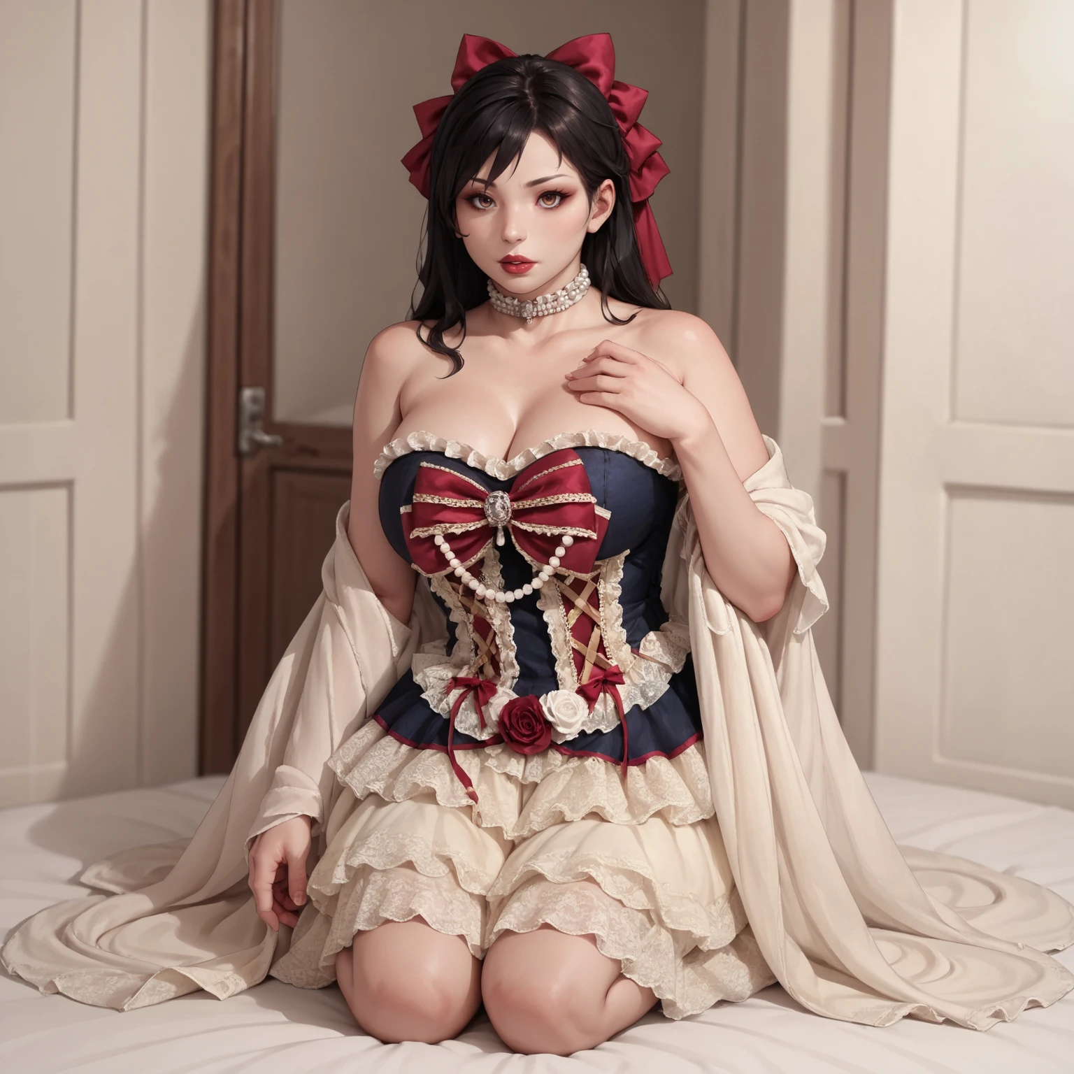source_anime, score_9. score_8_up, score_7_up, score_6_up, score_5_up, score_4_up, (plump:0.3), large breasts, long black hair, 1girl, adult, large breasts, HUD_Sno_Wh1t, full body, makeup, lipstick, tiered lace-trimmed dress, frills, velvet corset, strapless, bow, choker, pearls, rose, shawl, <lora:Snow_White-000009:0.5>anime, posing