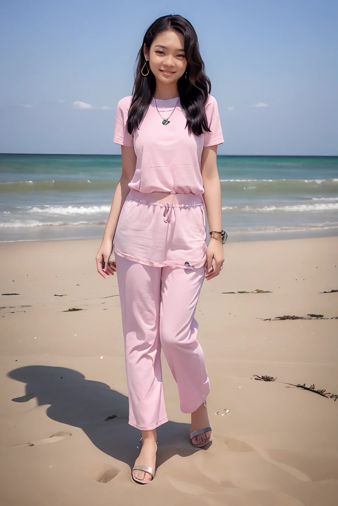 ((masterpiece)), ((best quality)), ((detailed)), ((realistic)), ((nikon RAW photo, 8K, Fujifilm XT3, HDR10+, high-res, depth of field, huge filesize, low-angle shot)), (1girl, solo, standing straight, arms at side, spreading arms), ((((full body:1.5), small breast:1.4, slender body:1.3, body height 163 cm, body weight 48 Kg, realistic body, 21 years old, 34D Cup))), (photorealistic:1.4), photorealism, photography, hyperrealistic, hyperdetailed, lots of details, extremely amazing finely detail, shoot by professional, professional photography, studio lighting, professional tuned lighting, outdoor, beach, sea wave background, perfection, best of the best, professional model, photo model, tuned by professional, flirty, naughty, cute, extremely delicate beautiful, a dashing collected professional beauty woman, Woman, Girl, neat, polite, melly, long hair, hair parted at the back, pink t-shirt, pink pants, photo on the beach, pink sandals, bright smile, casual pose, beautiful pose, clean clothes, proportional, untucked, looking at camera, gold necklace, gold small earrings, beautiful smile, beautiful face, beautiful body, perfect body, young adult, indonesian, Indonesia, SFW, <lora:Javanese_Girl_V6:0.8>