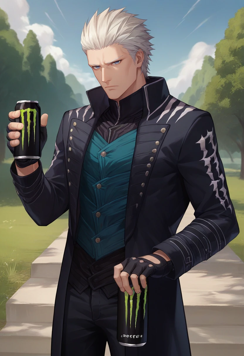 score_9, score_8_up, score_7_up, source_anime, solo, male focus, 1boy, dmc5vergil, expressionless, looking at viewer, holding monster energy, black coat, fingerless gloves, pants, outdoors<lora:dmc5_vergil_ponyXL-000005:1>