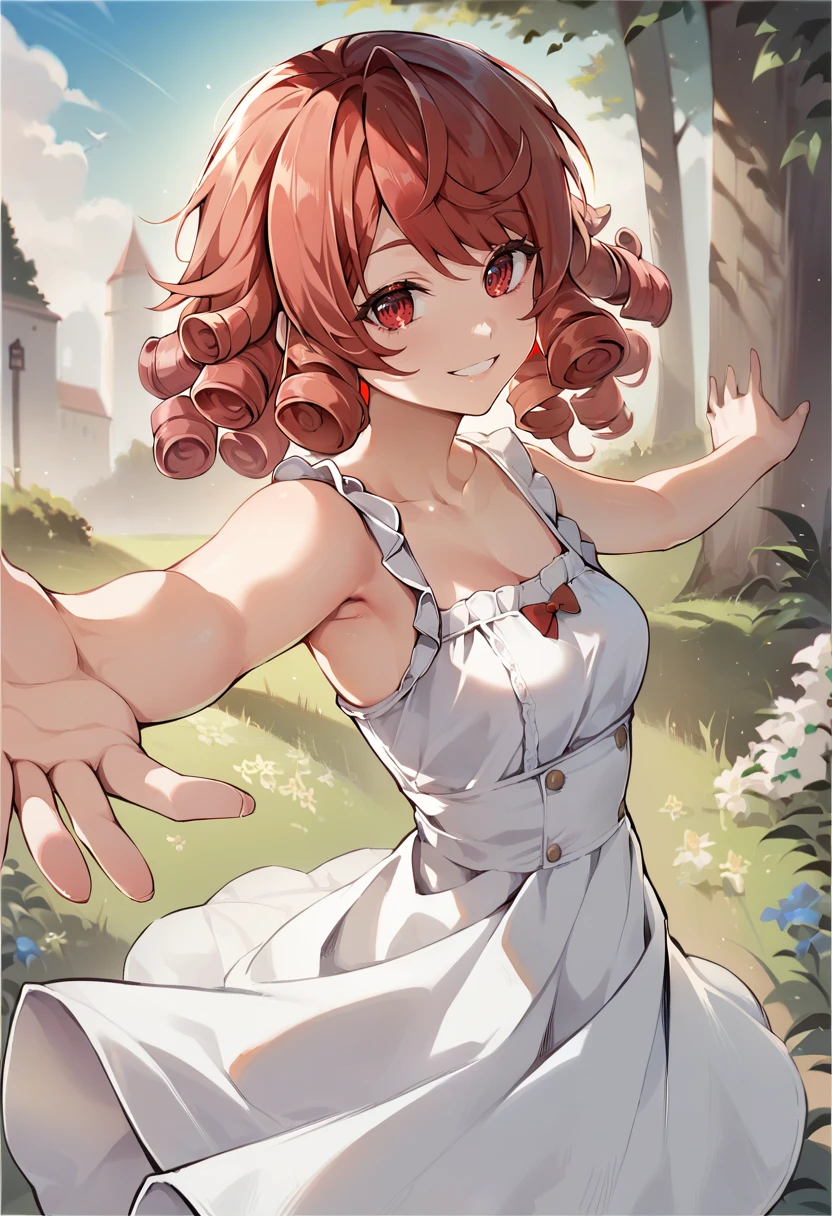 score_9, score_8_up, score_7_up, source_anime, 1girl,red eyes,smile, outdoors, best quality, red hair, ringlets, outstretched arms, cow-boy shot, white sundress, by houkisei <lora:Houkisei-Style-PonyXL-test-000034:1>