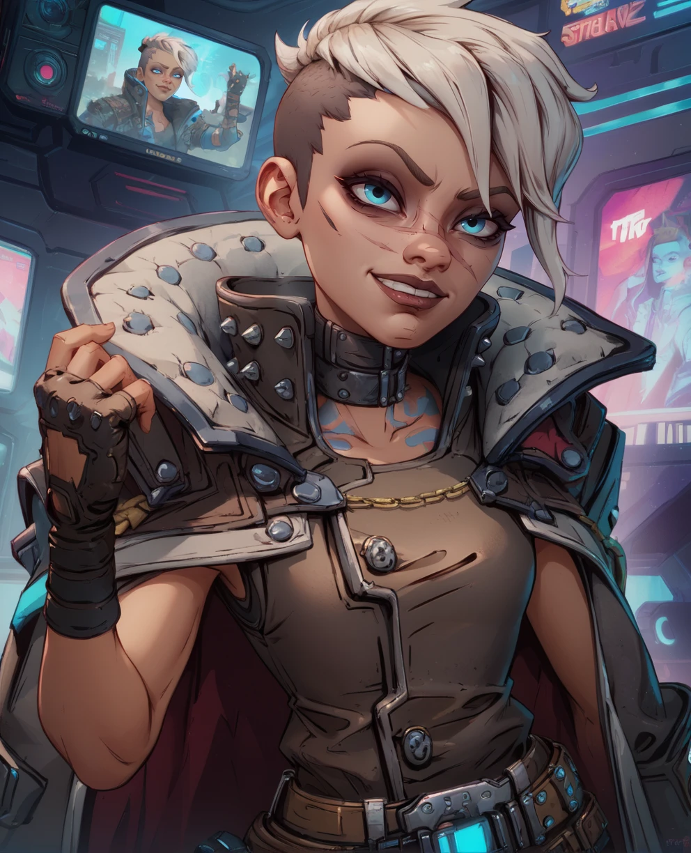 score_9,score_8_up,score_7_up,
Tyreen,white hair,blue eyes,two-tone hair,scar on face,undercut,eyebrow cut,smug,
fingerless gloves,sleeveless,belt,pants,collar,shirt,brown top,coat,
standing,upper body,
cyberpunk,tv show,
<lora:TyreenCalypso91:0.8>,