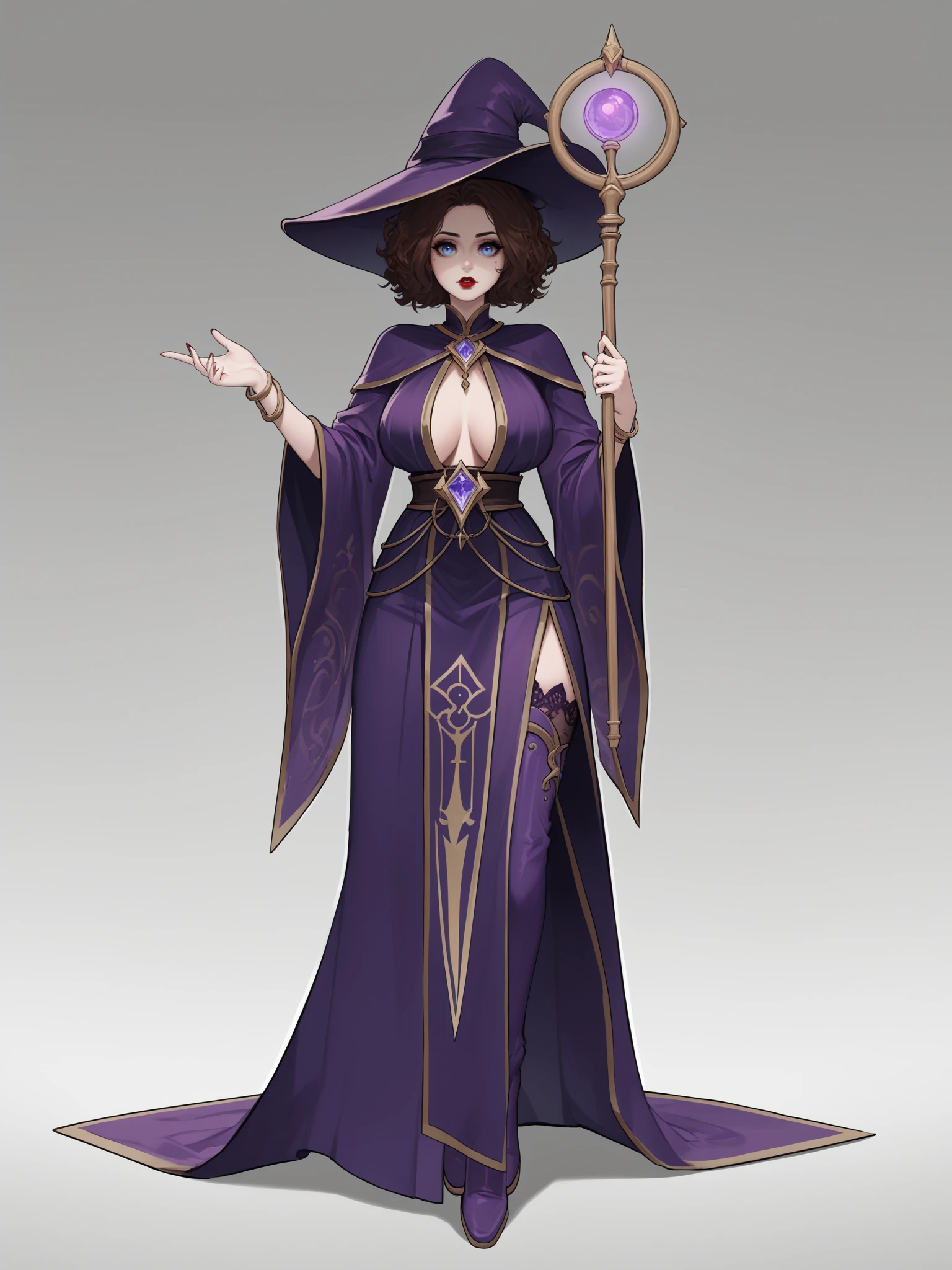score_9, score_8_up, score_7_up, score_6_up, score_5_up, score_4_up,
BREAK
1girl, witch hat, light blue eyes, red lips, brown hair, short hair, messy hair,
BREAK
solo, standing, full body, large  breasts, purple robe, purple thigh boots, ornate, ornate clothes, gold trim, holding mage staff, glowing staff, staff, mage staff,
BREAK
grey background, simple background, pose, dynamic pose, dynamic angle, angled shot, <lora:Lunas-Dishwasher1910-SDXL-A1:1>