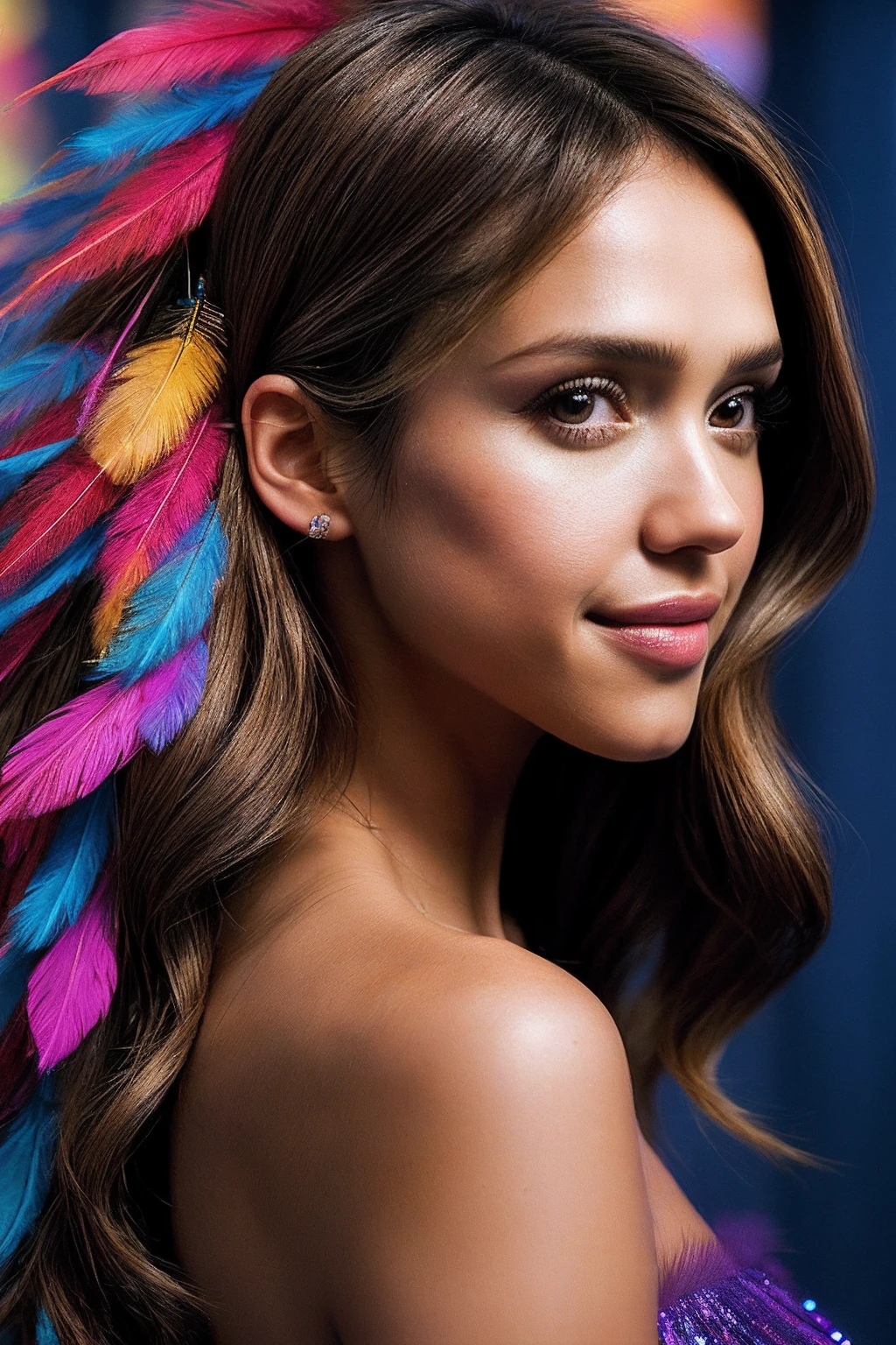 JessicaA_SoloTI_v1,PA7_Portrait-MCUï¼ A lively and attractive girl with chestnut hair that flows like a river and captivating honey-colored eyes that sparkle like stars, (A vibrant kaleidoscope of colors, with a flowing asymmetrical dress adorned with sequins and feathers, for a mesmerizing and captivating visual feast:1.1), ((In a contemporary art gallery, with avant-garde installations and interactive displays, as lights dance and reflections create a world of wonder:1.2)), (seductive), photorealistic, masterpiece, high quality, artistic, unique, award winning photograph, professional, 8k, RAW photo, best quality,flattering, (cinematic:1.3) shallow DOF, depth of field,sharp focus, <lora:add_detail:0.6>, <lora:LowRa:0.3>,