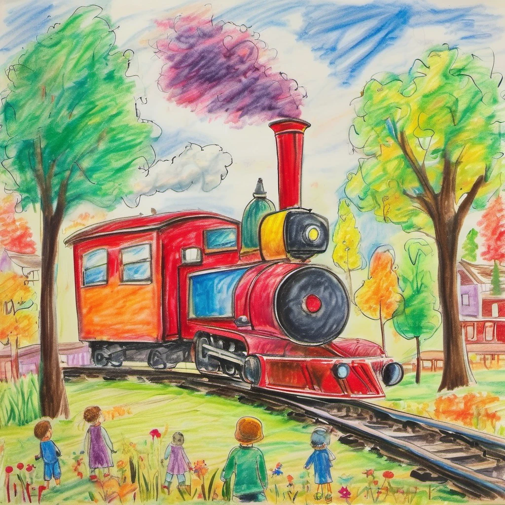 children-drawing, colorful drawing, old-fashioned train, tracks, large train, red engine, cars, trees, overall scenery, unique design, multiple wheels, creative artwork, classic steam locomotive, vibrant colors, stand out<lora:Ath_children-drawing_XL:1>,