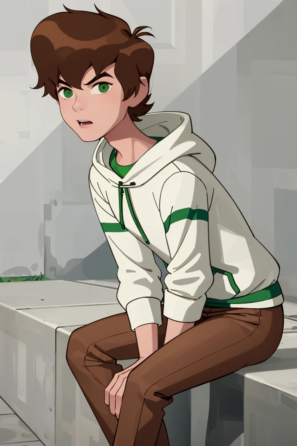 Ben_tennyson,solo,sitting,brown hair,green eyes,white hoodie,hoodie,long sleeves,brown pants