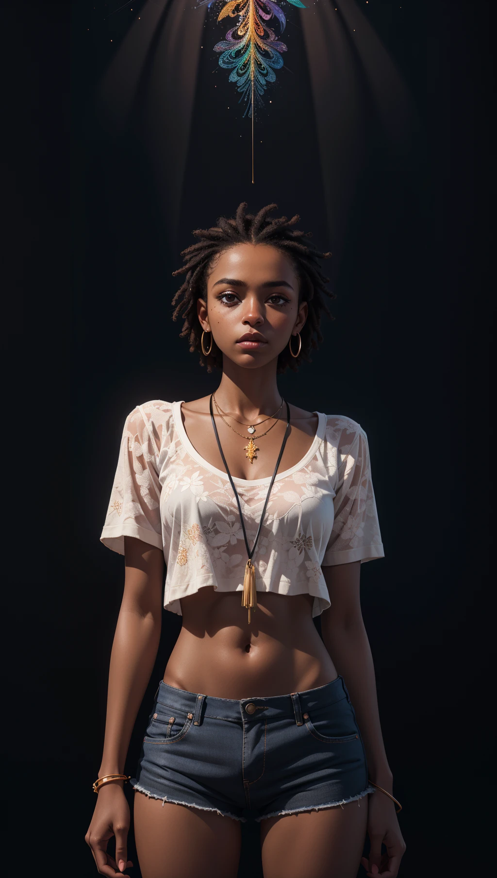masterpiece,best quality,ultra high res,dark skinned African girl,(fractal art:1.3),deep shadow,dark theme,fully clothed,necklace,forlorn,cowboy shot,