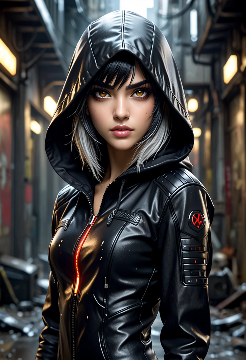 Grunge style Sofia Boutella as a biomechanical cyberpunk bounty hunter in a dystopian future, wearing a sleek black cybernetic hooded jumpsuit, dimly glowing red mechanical eyes, commanding and threatening expression, cutting-edge tactical gadgets, razor-sharp wit, illegal tech and weapon manufacturing lab, short hair, <lora:huge_anime_eyes:1> huge anime eyes, . Textured, distressed, vintage, edgy, punk rock vibe, dirty, noisy