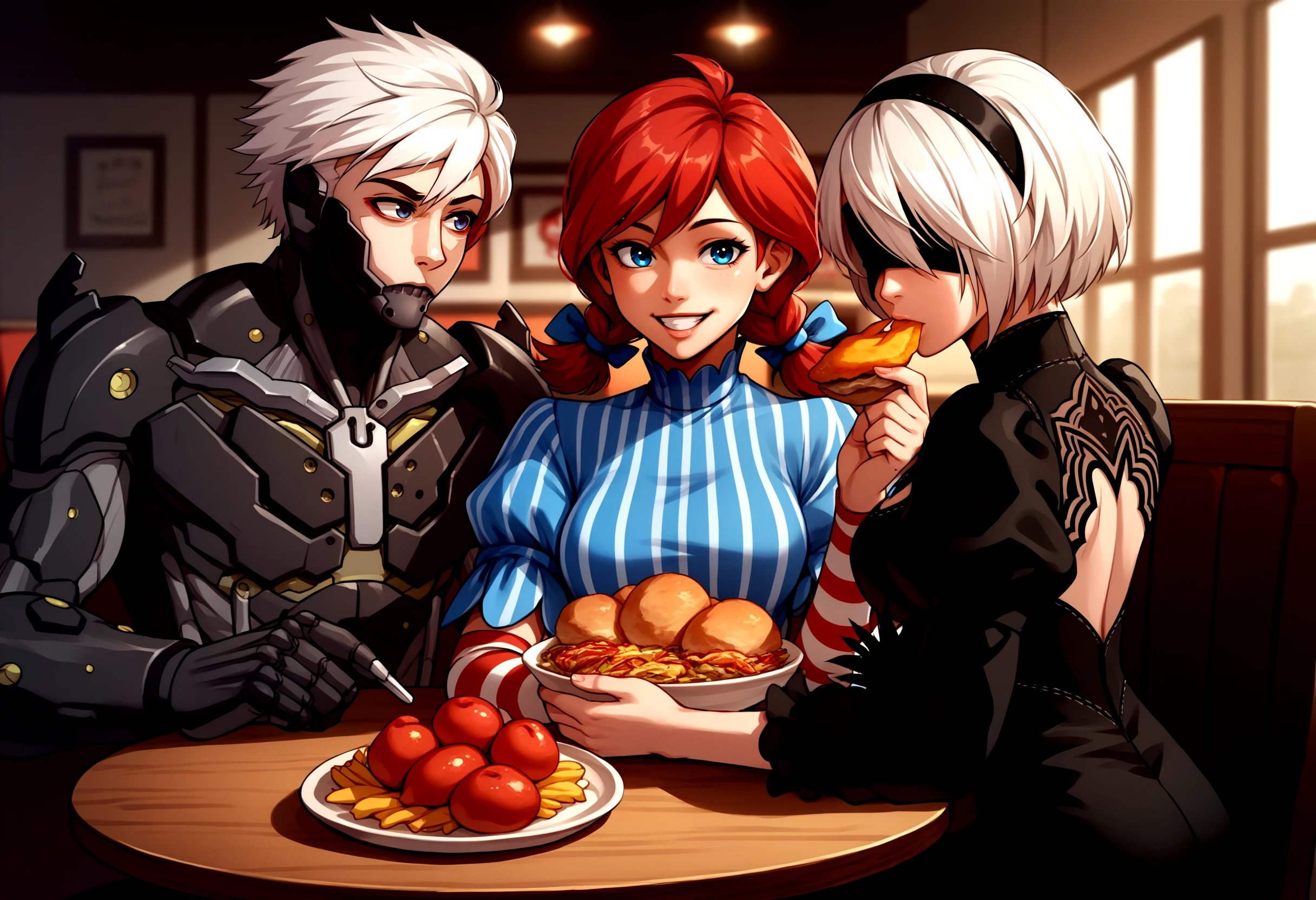 score_9, score_8_up, score_7_up, source_anime, indoors, upper body, table, restaurant, kfc, chicken \(food\), sitting, 3people,
BREAK 1boy, RaidenMGRDef, <lora:RaidenMGR_XLPD-000006:1>, cyborg, bodysuit, eyepatch, expressionless,
BREAK wendy \(wendy's\), wendy's, happy, seductive smile, 2girls,
BREAK 2b \(nier:automata\), nier:automata, 2girls, blindfold, black dress, eating,