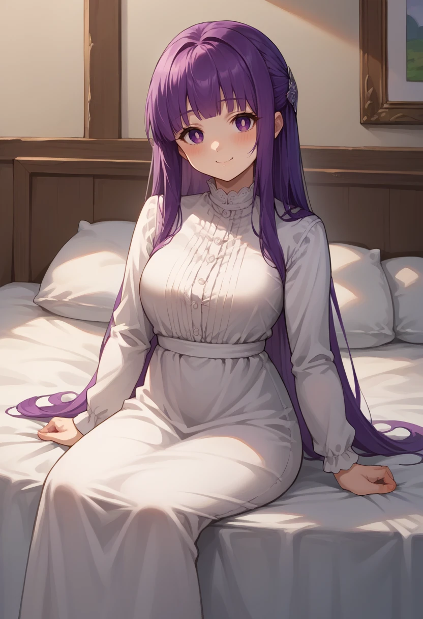 score_9, score_8_up, source_anime, 1girl, solo, FernBase, purple eyes, purple hair, long hair, half updo, hair ornament, white dress, collared dress, indoors, sitting, on bed, smile, blush, <lora:CHAR-FernPonyXL:1>
