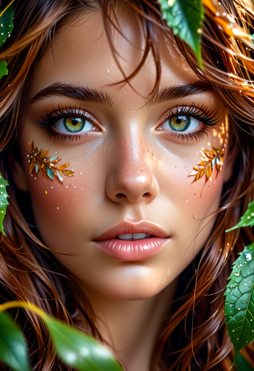 cinematic photo portrait of a unique breathtaking and beautiful woman face close-up, stunning detail, hyper detailed eyes, detailed skin with a flawless texture delicate and refined, smooth hair elegantly draped around her neck, subtle freckles on her nose, fullness of her lips, covered with leafs, captured in masterful composition, lighting accentuate her natural beauty, gentle shadows and highlights, incredible skill and attention to detail, nuance and detail, supersharp focus, Carne Griffiths, Conrad Roset, annie leibovitz, hyperdetailed, soft light, sharp, Hasselblad masterclass, . 35mm photograph, film, bokeh, professional, 4k, highly detailed