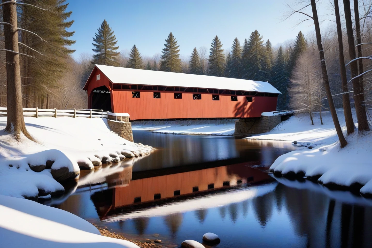 <lora:Wolvie_n3br1dg3s_v1.1:1> n3br1dg3s, covered bridge, river cross view, forest, snow, winter, masterpiece, best quality, high resolution, perfect composition, ultra sharp, perfect shadows, highly detailed, photorealistic, high realism, ultra highly detailed, 32k, fantastic realism, complex background, dynamic lighting, intricate details, textured