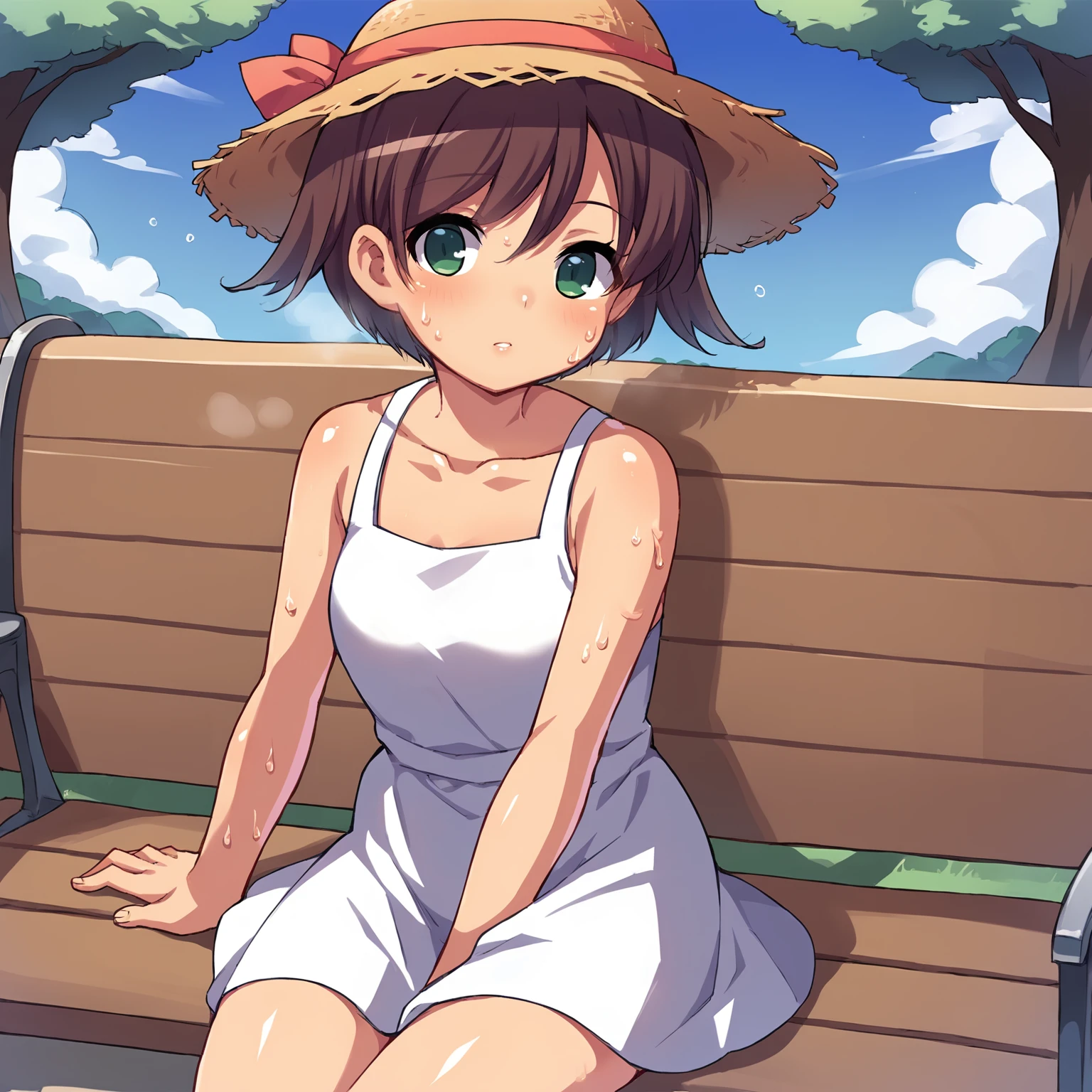 score_9, score_8_up, score_7_up, source_anime, 1girl, solo,
snn_V1, brown hair, short hair, bangs, green eyes,
white dress, short dress, collarbone, bare shoulders, straw hat,
sitting on bench,
outdoors, park, park bench, summer, day, blue sky,
looking at viewer, sweat,
<lora:snnV1b-pony:0.85>