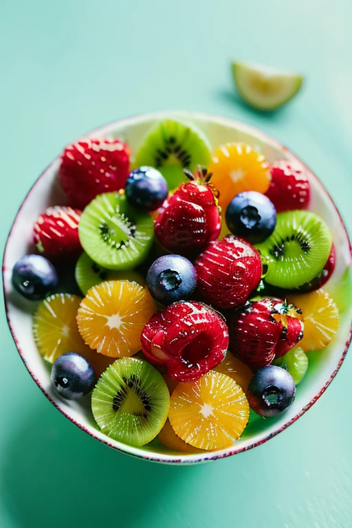 (fresh fruit:1,ripe,healthy:1,scene:1.5,realistic,hdr,photoreal,dish,mockup,scene creator),Mixed Fruit Salad: A refreshing blend of seasonal fruits like strawberries, blueberries, kiwi, and oranges, tossed together with a squeeze of lime juice