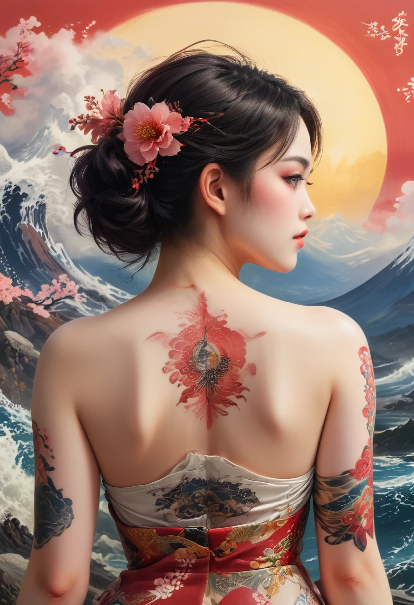 Super detailed masterpiece 8k, girl, (beautiful face)++ A girl shows off her entire back with superb Japanese ukiyo-e tattoosYakuza style dragon Mount Fuji that fill the entire back. , the sakura geisha kamikaze red sun wave is simply a piece of art. Pin close up on her back contrasting with the beautiful lines of the girl in the background of a simple Japanese style