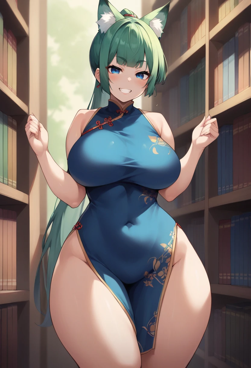 score_9, score_8_up, score_7_up, source_anime, 1girl, solo, library, blue eyes, green hair, fox girl, fox ears, qipao, standing, cowboy shot, standing, facing forward, blue chinese dress, grin, blush, big breasts, wide hips, thick thighs, blunt bangs, ponytail, <lora:Itou-Life-Style-PonyXL-000038:1>