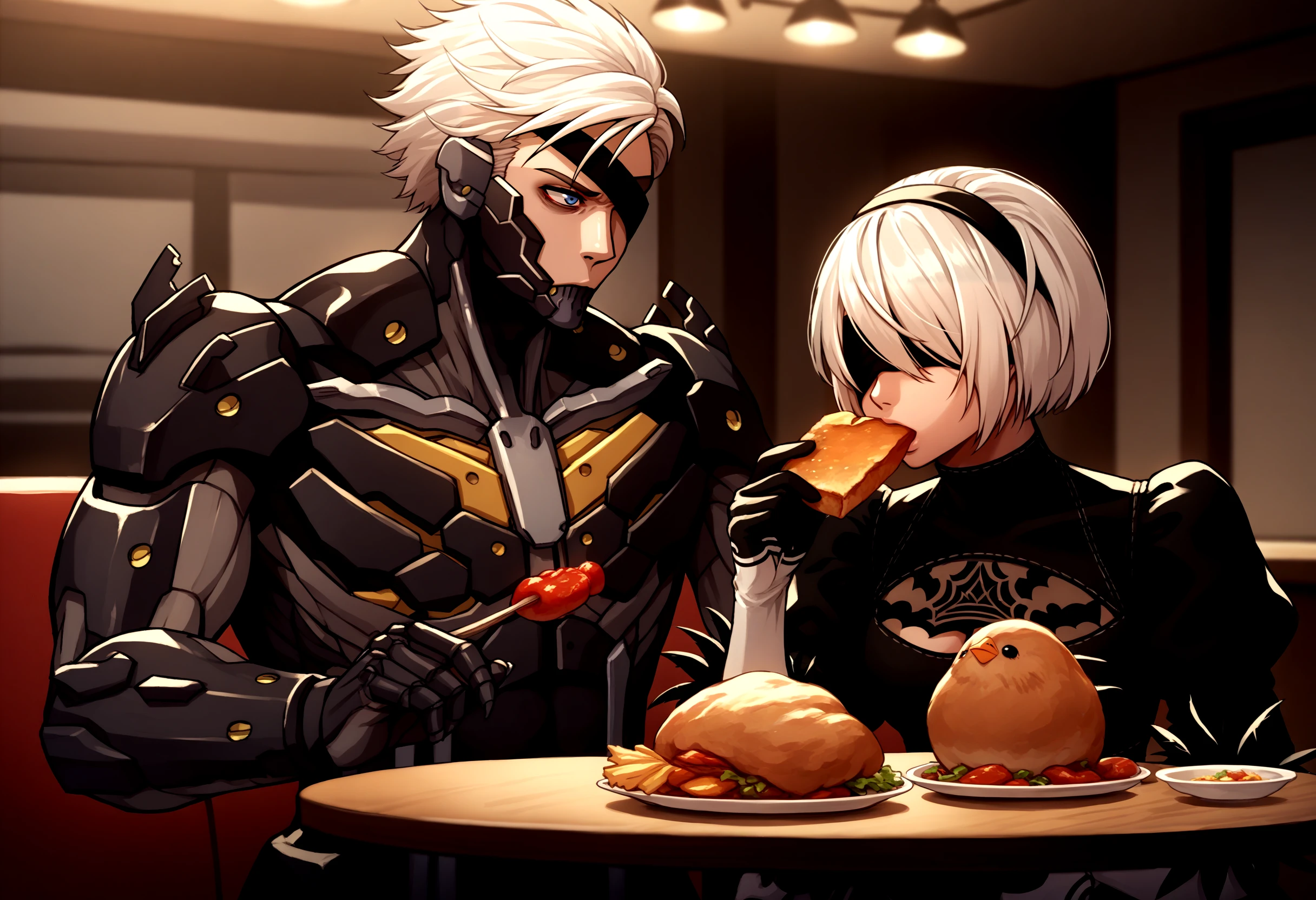 score_9, score_8_up, score_7_up, source_anime, standing, indoors, upper body, looking at another, table, restaurant, kfc, chicken \(food\),
BREAK 1boy, RaidenMGRDef, <lora:RaidenMGR_XLPD-000006:1>, cyborg, bodysuit, eyepatch, expressionless,
BREAK 2b \(nier:automata\), nier:automata, 1girl, blindfold, black dress, eating,
