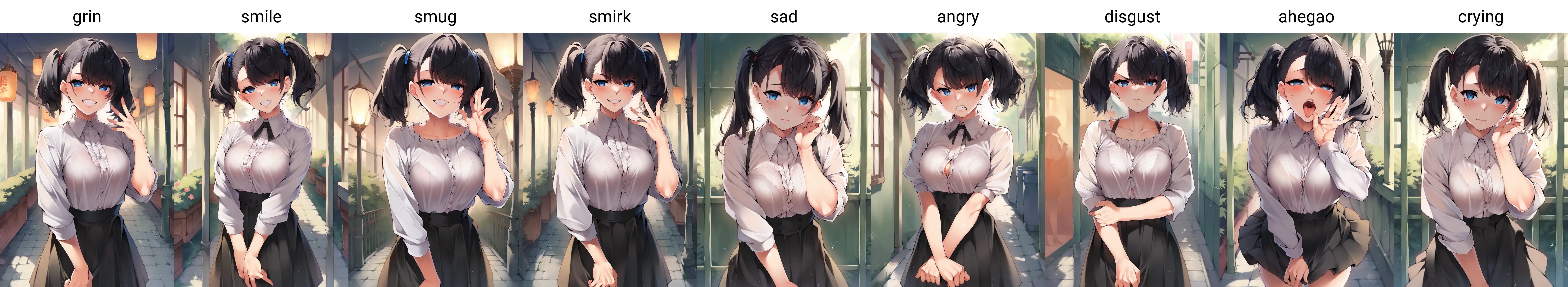 score_9, score_8_up, score_7_up, source_anime, 1girl,blue eyes,twintails, black hair, white blouse, black skirt, grin,looking at viewer, from front, <lora:Kawai-Style-PonyXL-v1-000032:1>