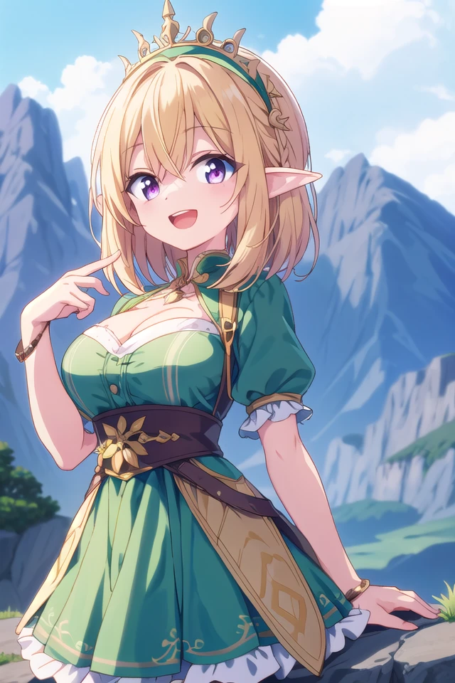 insanely detailed, absurdres, ultra-highres, ultra-detailed, best quality,
1girl, solo, nice hands, perfect hands
BREAK
elf girl, (wearing green dress:1.2), (nsfw:-1.5), (navel:-1)
BREAK
happy smile, laugh, open mouth
BREAK
standing, cowboy shot, looking at viewer
BREAK
slender, kawaii, perfect symmetrical face, ultra cute girl, ultra cute face, ultra detailed eyes, ultra detailed hair, ultra cute, ultra beautiful
BREAK
On the peak of a distant mountain, a gargantuan dragon from the ancient times roars, depth of field, ultra detailed background
BREAK
large breasts, cleavage,
BREAK
blonde hair, medium hair, elf ear, pink eyes