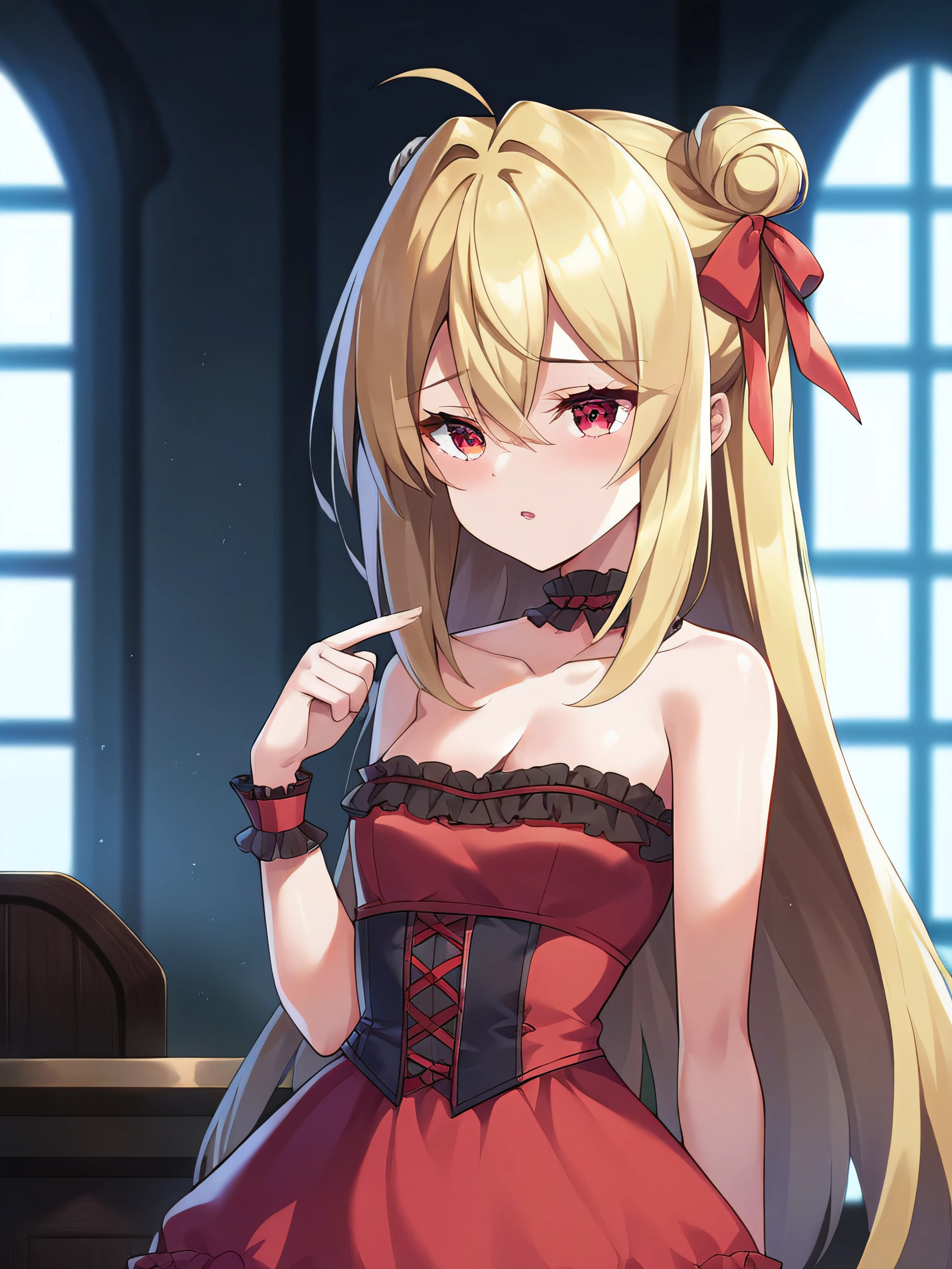 score_9, score_8_up, score_7_up, score_6_up, rating_explicit, anime_source, (perfect hands:1.2), ( perfect anatomy:1.4), cinematic shadow, cinematic light, cute and sensitive, (soft skin:1.2), characters focus, detailed eyes, detailed skins, <lora:add-detail-xl:0.7> , <lora:DetailedEyes_V3:1>, <lora:terakomari:0.9>, terakomari, blonde hair, dress, long hair, red dress, very long hair, red eyes, bare shoulders, strapless dress, hair between eyes, wrist cuffs, strapless, choker, collarbone, bangs, indoors, frills, small breasts, frilled dress, hair bun, hair intakes, ribbon, hair ribbon, cleavage, standing,