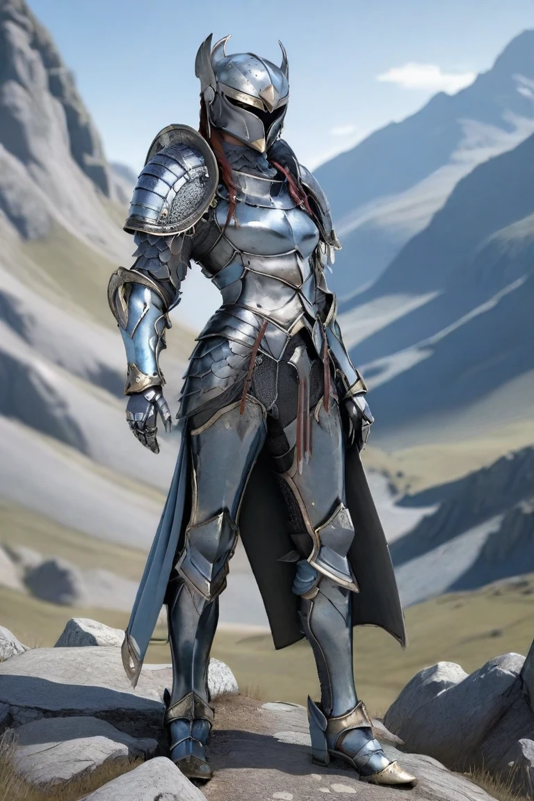 hxarmour,1 woman,(light blue armour:1.1),mountain,walking,<lora:HXarmour_006XL:0.7>,